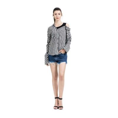 Spring and Summer 2019 New Type Show Shoulder Fake Two Chequered Shirts  for Women